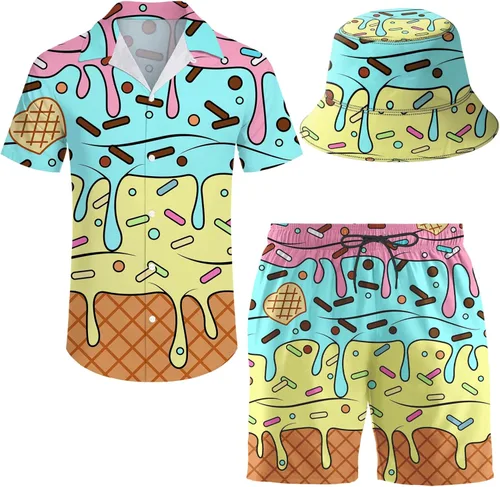 Miniatura 9 de Conjunto deportivo de 2 piezas para hombre, camisa hawaiana, pantalones cortos, camisa con botones y pantalones cortos con sombreros de pescador