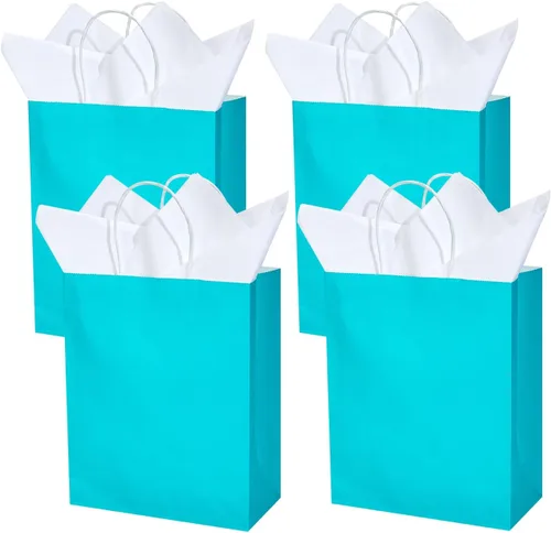 Miniatura 7 de DjinnGlory Paquete de 24 bolsas de regalo de papel azul turquesa de tamaño mediano con asas de 10 x 8 x 4 pulgadas y 24 papel de seda para Verde