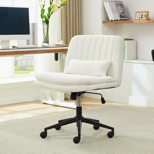 Oprisen Silla cruzada con ruedas, cómodo cojín grueso sin brazos, asiento ancho, patas cruzadas, silla de oficina con almohada, ajustable giratoria