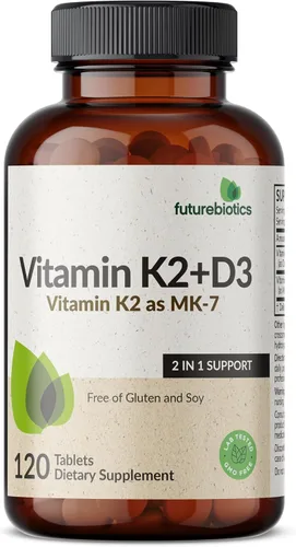 Miniatura 4 de Futurebiotics Vitamina K2 con D3, soporte 2 en 1, 5000 UI de vitamina D3 y 90 mcg de vitamina K2 MK-7 sin OMG, 120 tabletas