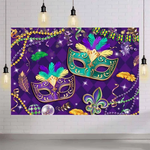 Miniatura 4 de MEHOFOND Telón de fondo de Mardi Gras de 7 x 5 pies, para baile de graduación, carnaval, fiesta, fotografía, fondo morado, verde, dorado, cuentas