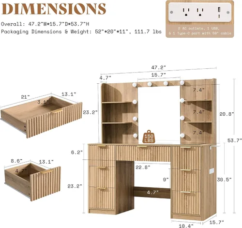 Miniatura 4 de AMERLIFE - Mesa de tocador con acanaladuras de 47.2" con espejo y luces LED ajustables, mesa de maquillaje grande con 7 cajones, tapa de vidrio