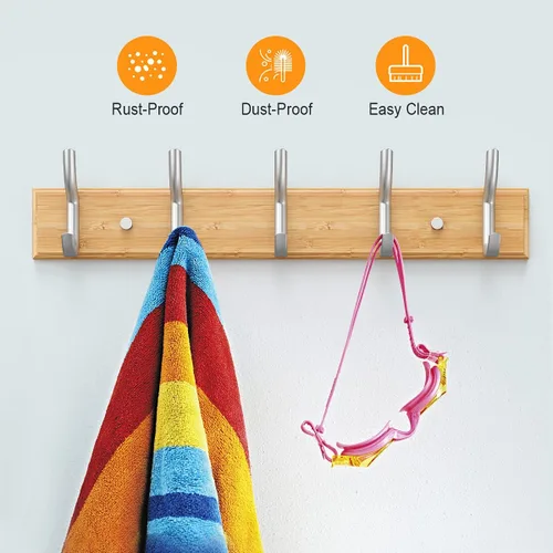 Miniatura 4 de Percha para perchero, 5 ganchos, resistente, para ropa, sombrero, tablero de bambú, ganchos plateados