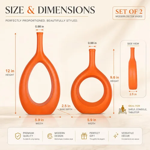 Miniatura 2 de Juego de 2 jarrones de cerámica naranja, modernos jarrones huecos circulares con agujero para flores, para decoración del hogar, para centros