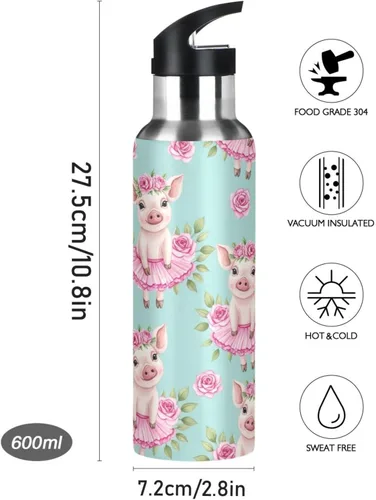 Miniatura 9 de Cute Watercolor Pigs Flower Crowns Insulated Stainless Steel Water Bottle with Straw 20 Oz Leakproof Water Bottles, BPA-Free Sports Water Bottle