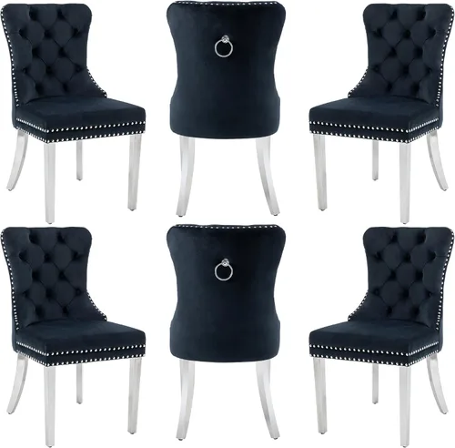 Miniatura 18 de Sillas de Comedor de Terciopelo Juego de 4, Colección Nikki Sillas de Comedor con Patas de Acero Inoxidable Plateado y Anilla, Silla Lateral de Lujo