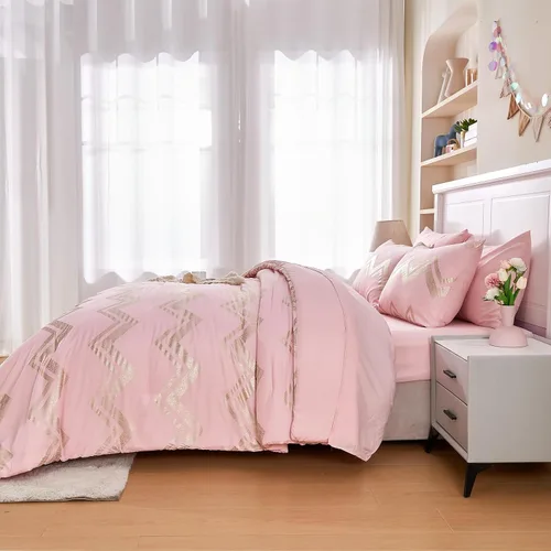 Miniatura 4 de Juego de ropa de cama para niñas, edredón rosa dorado para cama tamaño queen, 7 piezas, juego de ropa de cama dorado con purpurina en lámina