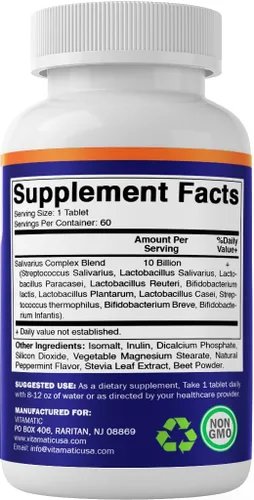 Miniatura 7 de Vitamatic Salivarius Complex 10 mil millones de tabletas masticables con sabor a menta – 60 unidades – Probióticos masticables de salud oral +