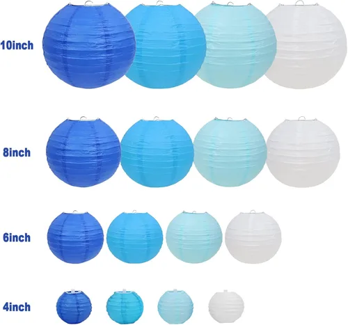 Miniatura 4 de LURICO 16 linternas de papel azul/blanco (tamaño de 4, 6, 8, 10 pulgadas), decoración de papel chino/japonés, faroles de bola para decoración