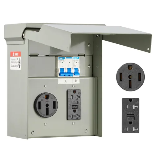Miniatura 14 de VEVOR Caja de toma de corriente RV de 50 amperios, 125/250 voltios, caja de receptáculo cerrada para exteriores con cerradura, NEMA 14-50R, panel