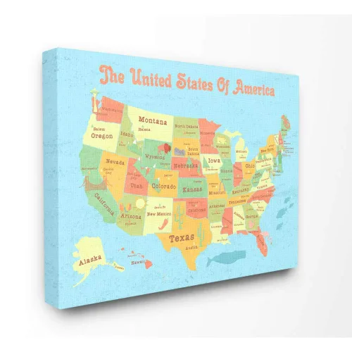 Stupell Industries Estados Unidos de América, Estados Unidos de América, mapa de niños, arte de pared de gran tamaño, fabricado con orgullo en