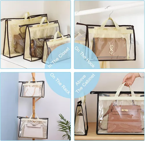 Miniatura 5 de Bolsas de almacenamiento transparentes para armario, bolsa de almacenamiento colgante con cremallera para bolsos, XL, 4 unidades Beige