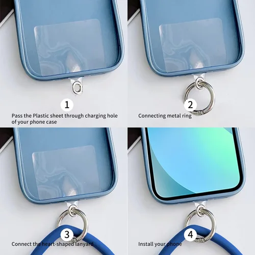 Miniatura 3 de Correa de silicona en forma de corazón para teléfono, correa de muñeca para teléfono celular con soporte para llavero, universal compatible con Negro