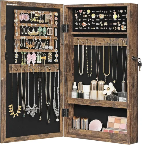 Miniatura 3 de SONGMICS Armario de joyería con cerradura con espejo, organizador de almacenamiento de joyas para ahorrar espacio montado en la pared, color marrón