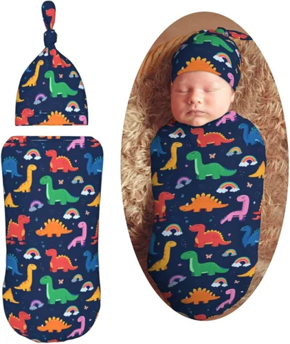 Lindo patrón de dibujos animados de dinosaurios para recién nacido, manta para envolver con gorro, suave saco de dormir para bebé, elástico y