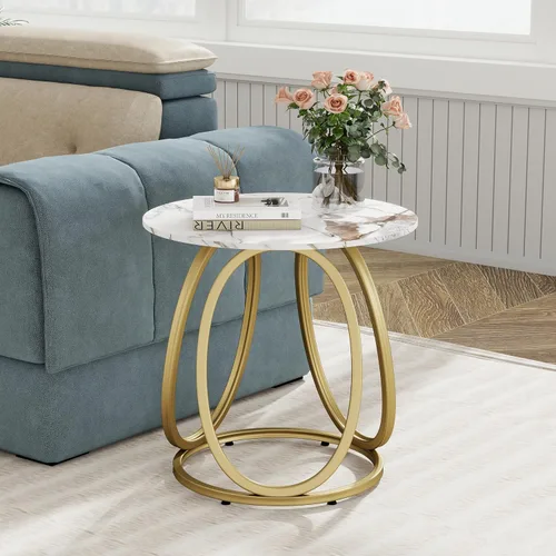 Miniatura 5 de O&K FURNITURE Mesa auxiliar dorada para sala de estar, mesa auxiliar redonda con piedra de mármol, mesita de noche con marco de metal