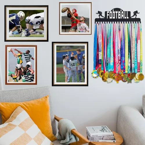 Miniatura 5 de Goutoports Soporte de exhibición de medallas de hockey para carreras deportivas, metal de acero negro resistente con más de 60 medallas, fácil