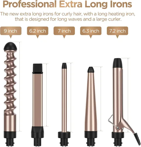 Miniatura 8 de PARWIN PRO BEAUTY Juego de rizador 5 en 1 con 1 varita en espiral extra larga de 9 pulgadas, rizador profesional de hasta 450 °F, pantalla LED