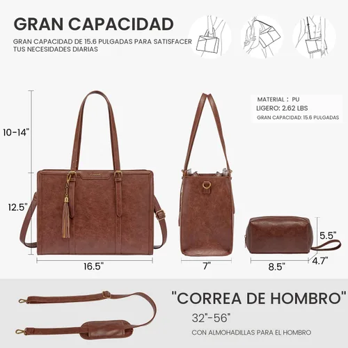 Miniatura 6 de LOVEVOOK Bolsa de mano para laptop para mujer, bolsa de trabajo vintage de 15.6 pulgadas con embrague, bolso grande de cuero para laptop con soporte