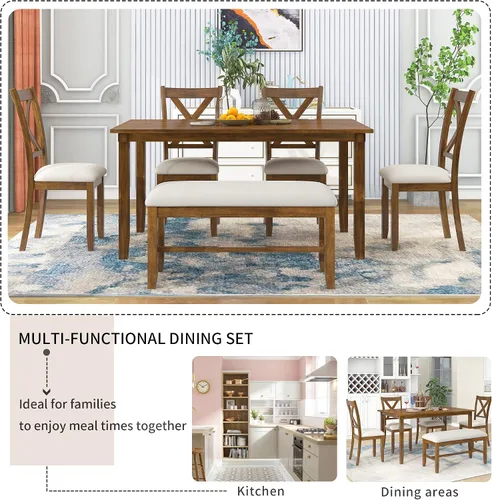 Miniatura 6 de Harper & Bright Designs Juego de mesa de comedor de 6 piezas, juego de mesa de comedor con mesa de comedor rectangular de madera, 4 sillas