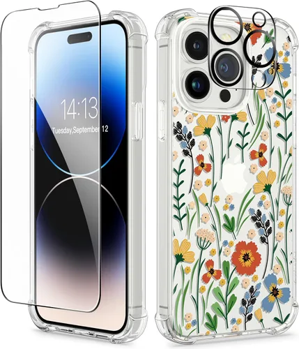 Miniatura 12 de GVIEWIN - Funda floral para iPhone 14 de 6.1 pulgadas, protector de pantalla + protector de lente de cámara, no se amarillenta, a prueba de golpes