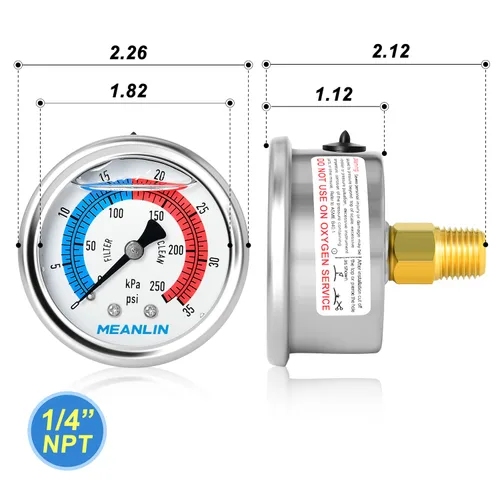 Miniatura 2 de MEANLIN MEASURE 1/4" NPT 0-35psi Manómetro de presión, 2" Dial Filtro de piscina lleno de glicerina, carcasa de acero inoxidable 304, montaje
