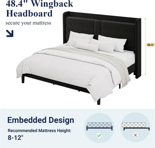 Miniatura 7 de Allewie Base de cama de plataforma tamaño King con estación de carga y cabecera de almacenamiento, diseño tapizado de terciopelo con respaldo y Negro