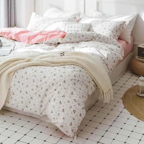 Miniatura 4 de Faincy Juego de edredón floral de tamaño individual, diseño de hojas de flores rosas y blancas, juego de cama alternativo reversible preppy, edredón