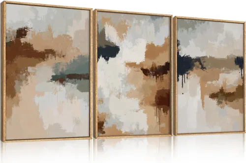 LHIUEM Gran Arte de Pared de Lienzo Abstracto Marrón Gris Enmarcado, Decoración de Pared en Toques de Pincel Pastel, Pintura de Pared Moderna en