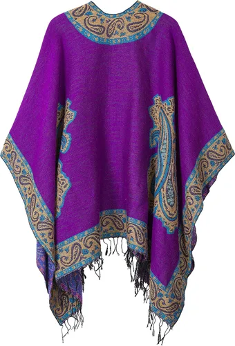 Miniatura 2 de Poncho con flecos, con estampado vintage, estilo retro, a la moda, para mujer. Capa, chal.