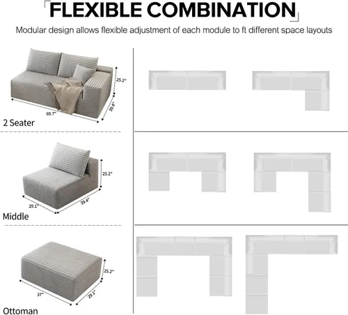 Miniatura 5 de Sofá seccional modular de 139.4 pulgadas, sofás minimalistas en forma de U de gran tamaño con 2 otomanas chaise y 2 asientos centrales, juego Gris