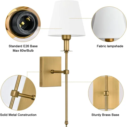 Miniatura 2 de Pauwer Juego de 2 apliques de pared delgados con pantalla de tela blanca cableada para interiores, soporte de columna para dormitorio, lámpara