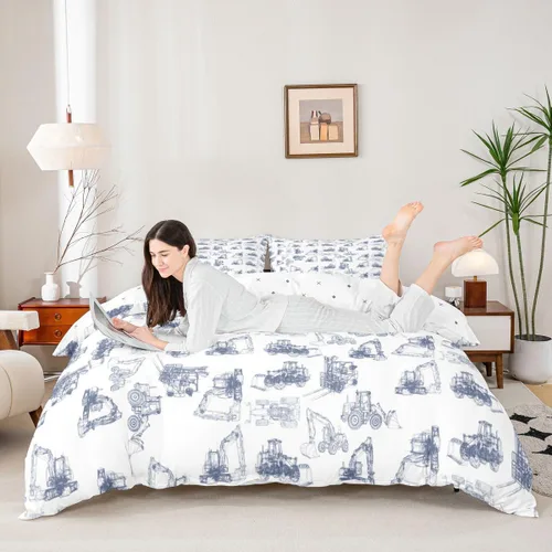 Miniatura 3 de Juego de ropa de cama de construcción, tamaño individual, para niños, camiones, juego de funda de edredón para niños, adolescentes, caricaturas