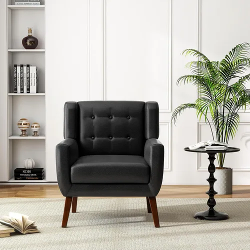 Silla decorativa de piel sintética, moderna silla tapizada para sala de estar, cómodos asientos individuales con botones, asiento de lectura Negro