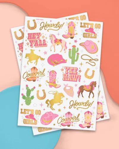Miniatura 2 de xo, Fetti Tatuajes temporales de vaquera – 50 estilos de lámina dorada Decoraciones de fiesta de cumpleaños, accesorio de vaquera Giddy Up