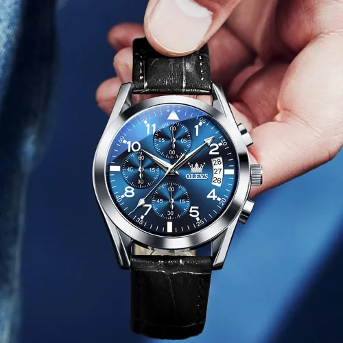 Miniatura 5 de OLEVS Relojes de hombre de cuero marrón con fecha, relojes casuales para hombre, relojes de cara grande para hombre, cronógrafo para hombre, reloj
