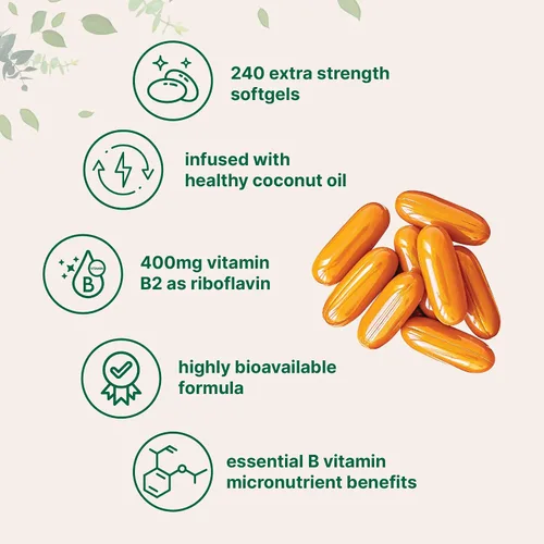 Miniatura 3 de Vitamina B2, riboflavina 400 mg 240 cápsulas blandas con aceite de coco Altamente biodisponible Suplementos energéticos de vitamina B extra