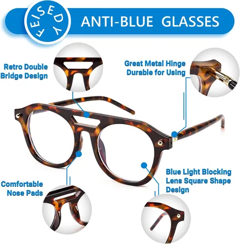Miniatura 4 de FEISEDY Gafas de bloqueo de luz azul aviador de los años 70, marco piloto cuadrado, antideslumbrante, gafas de computadora para mujeres y hombres