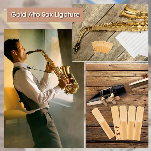 Miniatura 5 de Ligadura de saxofón alto con 20 cañas de saxofón alto 2.5, ligadura de saxofón alto de oro con tornillos ajustables, ligadura de ligadura de saxofón