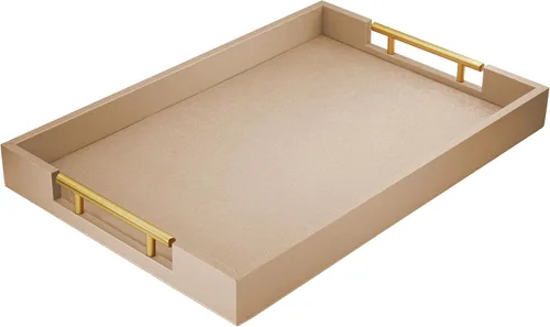ATZYmolin - Bandeja de servicio de madera de 17" x 12" con asas de metal dorado pulido, bandeja decorativa de madera rectangular para el hogar, Oro