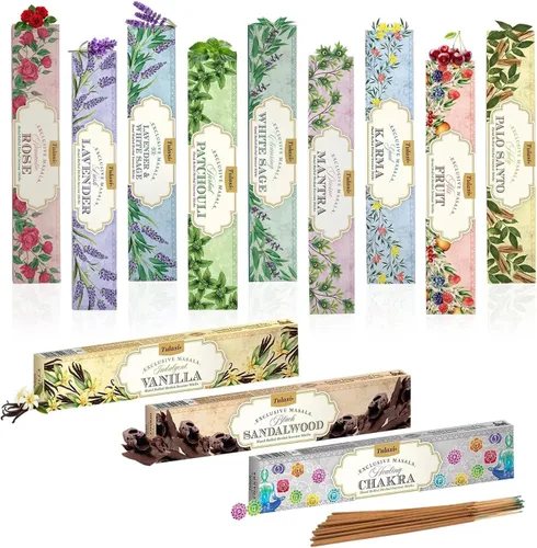 Miniatura 14 de Tulasi Nag Champa - Varitas de incienso surtidas/paquete variado – 180 varillas enrolladas a mano, 12 aromas naturales Sándalo, lavanda, vainilla