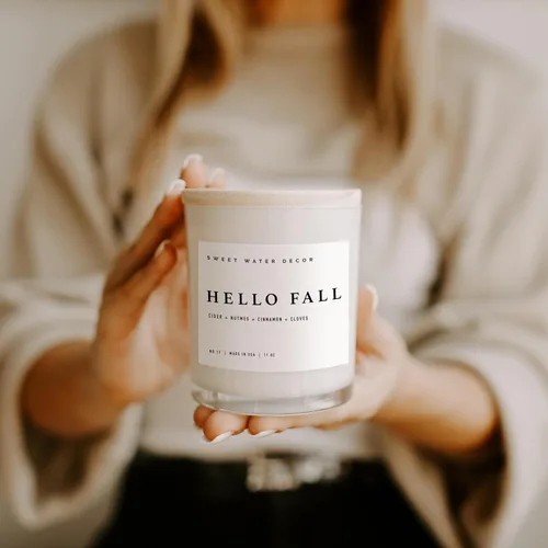 Miniatura 6 de Sweet Water Decor - Vela de soja Hello Fall, aroma manzanas con canela, clavo de olor y nuez moscada de otoño, mecha de 100% algodón, frasco blanco