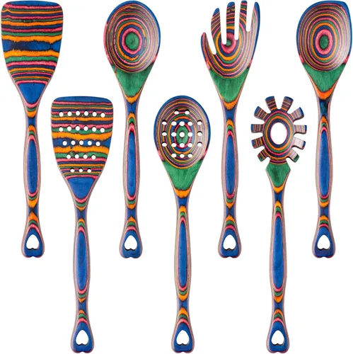 Gudamaye Pakkawood - Utensilios de cocina de madera de 7 piezas, cucharas de madera para cocinar, utensilios de cocina de madera de Pakkawood para