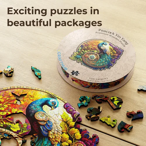Miniatura 6 de CRAFTHUB Rompecabezas de Madera de Animales para Adultos – A3 Pavo Real Yin Yang con 127 Piezas – Rompecabezas con Formas de Animales Únicas – 10.6