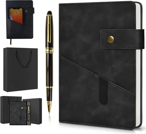 vfaejll Cuaderno de cuero rayado A5, juego de diario personal de tapa dura con bolígrafo y caja de regalo, 100 páginas de 2.95 oz/yd² de papel