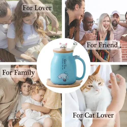 Miniatura 6 de BigNoseDeer Lindas tazas Kawaii de gato, taza de café de cerámica con infusor y tapa, cuchara, taza de té, regalos lindos y geniales para mujeres