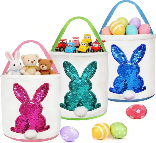 Miniatura 8 de 3 unidades de cesta de caza de huevos de Pascua para niños, cesta de conejo, bolsas de huevo, conejo, colas esponjosas, fiesta, celebrar