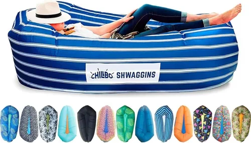 Miniatura 15 de Chillbo Inflatable Couch – Unique Designs - No-Pump Setup, Ripstop Polyester, Stability Pegs, Fun Prints - Portable Air Inflatable Lounger for Azul