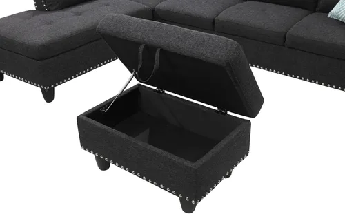 Miniatura 6 de EMKK Sofá modular de 3 piezas, juego de muebles de sala de estar, sofá esquinero tapizado de 5 plazas en forma de L, 1 diván gris oscuro