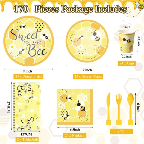 Miniatura 2 de Breling 170 piezas de suministros de fiesta de abejas sirven 24 platos de abeja y servilletas, suministros de fiesta, decoración de revelación